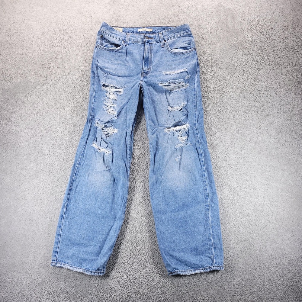 Levis Jeans Womens 27 Blue Baggy Dad High Rise Wide Leg Distressed Raw Hem